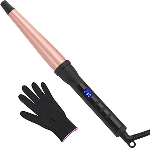 Curling Wand, Professional Ceramic 3/4-1 1/4 Inch Tapered Hair Curling Iron, LCD Display with 14 Heat Setting(100°C to 230°C), Dual Voltage Instant Heating Hair Wand Curler for All Hair Type