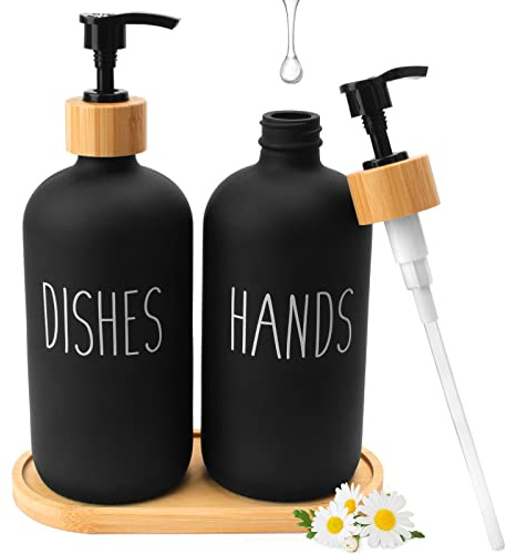 2 Pack Hand and Dish Soap Dispenser Set, 500ML Glass Dish Soap Dispenser | Refillable Hand Lotion Bottle with Bamboo Pump and Soap Tray, Black Lotion Pump Bottles for Kitchen Bathroom