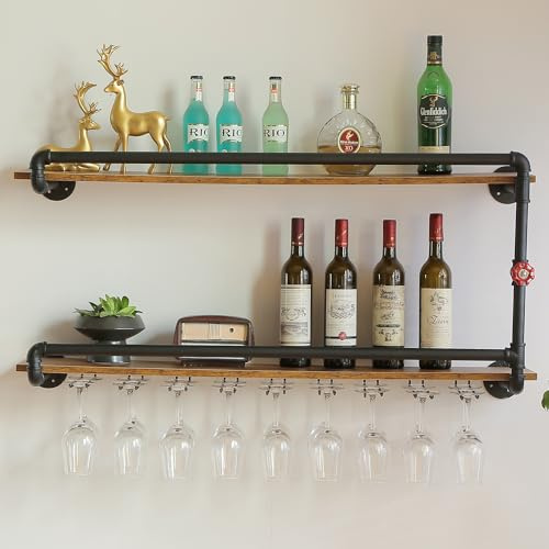 BOTAOYIYI 41 Inch Wine Rack Wall Mounted 2 Tier, Hanging Floating Bar Liquor Shelves with Glass Holder Storage Under, Industrial Rustic Pipe Farmhouse Kitchen Decor Black