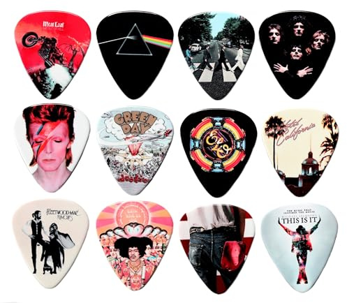 24 Famous Albums on 12 Double Sided Guitar Picks + Storage Bag for your Plectrums