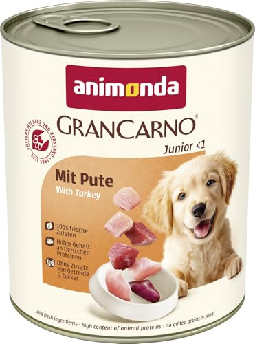 animonda GranCarno Hundar våtfoder med kalkon (6 x 800 g), valpmat våt utan spannmål för unga hundar, med färska köttiga ingredienser, junior hundfoder