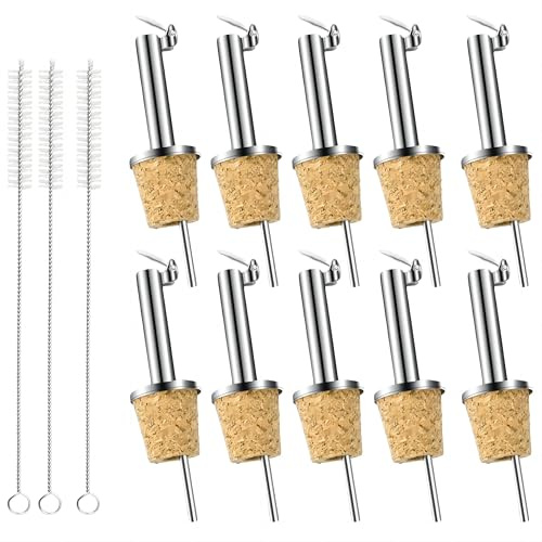 10 Cork Bottle Pourers with 3 Straw Brushes, Stainless Steel Wine Speed Pourers with Dust Cap, Olive Oil Bottle Drizzler Spouts, Liqueur Spirits Dispensers, Bottle Stoppers for Pouring Syrup/Vinegar