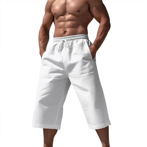 Bauzuoyo Pantalones cortos de lino para hombre, 3/4 de longitud, pantalones cortos cargo para hombre, bermudas de lino, bermudas de verano, pantalones cargo tres cuartos, pantalones cortos para
