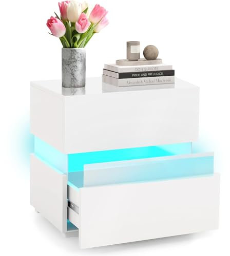 ADOV LED Bedside Table, Modern Nightstand Storage Cabinet Organiser with 2 Drawers, 16 Adjustable RGB Light Colours and Remote Control, 4-Side High Gloss Side Table for Bedroom, Living Room (White)