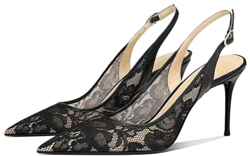 Gikleihwy Mesh Lace Kitten Heels for Women, Comfortable Pointed Toe Slip on Slingback Pumps for Wedding Office or Date Night Dress Up(Black,5 UK)