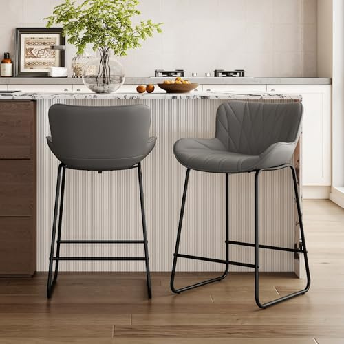 chairus Barhocker 2er Set PU-Leder Barstuhl für Kücheninsel Küchenhocker mit Lehne Thekenhocker mit Fußstütze Tresenhocker für Hausbar (Grau-2)