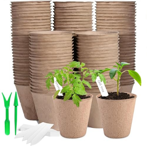 100 Pack 8CM Biodegradable Planting Pots, Round Fibre Pot Seed Seedling Pot Compostable Containers with 100pcs Plastic Plant Lables and Digging Tools for Plant Cultivation, Garden, Greenhouse