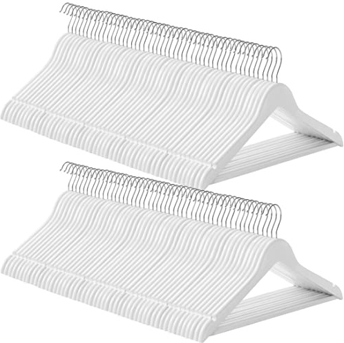 SONGMICS Kleiderbügel Holz, 100er Set, Bügel aus Massivholz, Einkerbungen im Schulterbereich, Rutschfester Hosensteg, um 360° drehbarer Haken, für Anzüge, Hemden, weiß CRW03W-100