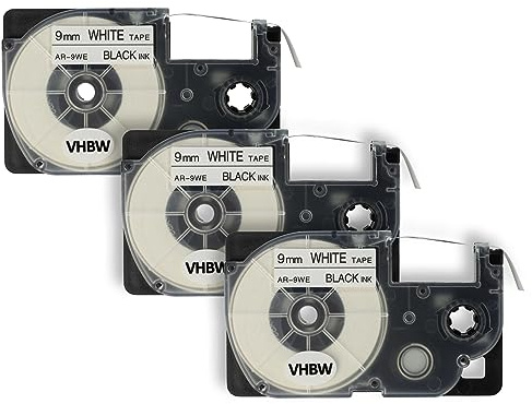 vhbw 3x Schriftband-Kassette kompatibel mit Casio KL-750E | KL-8100, KL-7400, KL-820, KL-780, KL-7200 Etiketten-Drucker 8m x 9mm Schwarz auf Weiß