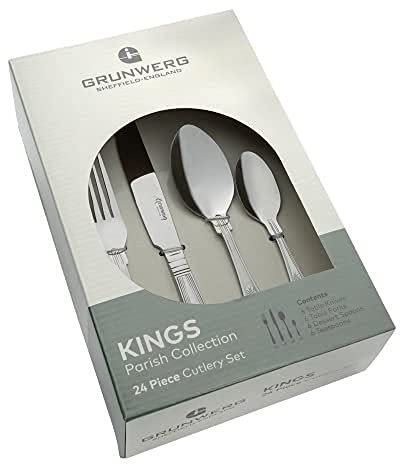 Grunwerg 24 teilig Besteck Set in einer Geschenkbox – KINGS STIL, 18/0 Edelstahl, gemischte Besteckset