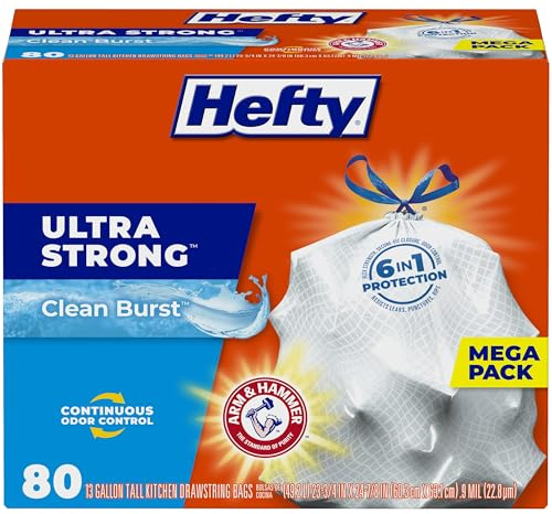 Hefty Bolsas de basura ultra fuertes de 13 galones, bolsas de basura altas de cocina de 13 galones, cierre de cordón, control continuo de olores, color blanco, aroma a explosión limpia, 80 bolsas