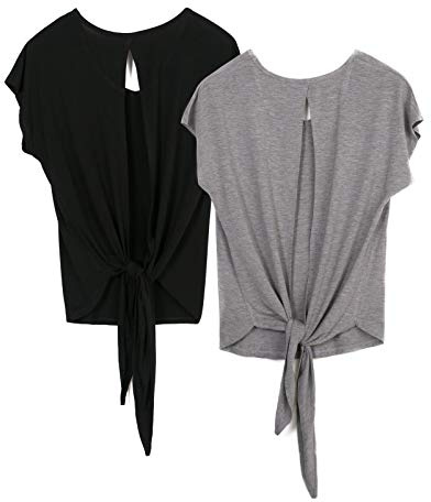 icyzone Damen Rückenfrei Yoga Top Fitness Sport Kurzarm Shirt Oberteil Casual T-Shirt Loose Fit, 2er Pack (S, Black/Grey)