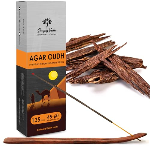Simply Vedic Agar Oudh Incense Stick (Approx 135 Sticks, 250 Grams) Premium Handmade Agarbatti with Insense Holder| Lasts 45 Minutes| for Aromatherapy, Meditation, Yoga, Home & House Decor- Gift Set