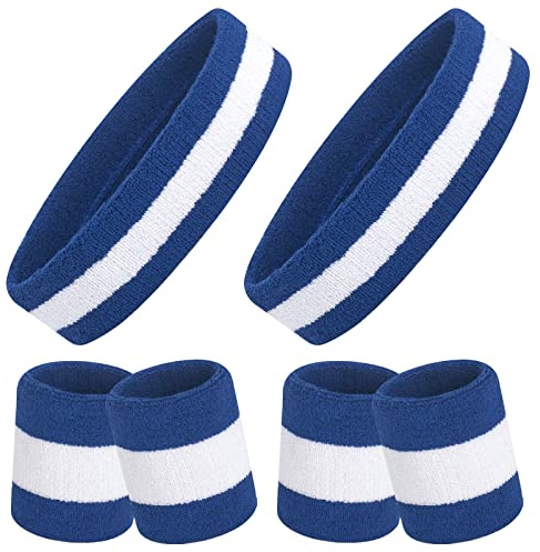 ONUPGO Sweatband Set, Sports Headband Wristband Set (6PCS) Sweatbands Terry Cloth Wristband Wrist Sweatband Headbands Moisture Wicking Sweat Absorbing Head Band (Blue/White/Blue)