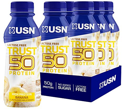 USN Trust 50 Protein Shakes Banana 6 x 500ml – High Protein Ready to Drink – 50g Protein – Low Fat – No Added Sugar – Lactose-Free – Guilt-Free Shakes for Muscle Recovery - Packaging may vary