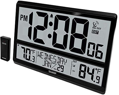 Sharp Atomic Clock - Never Needs Setting! –Easy to Read Numbers - Indoor/Outdoor Temperature, Wireless Outdoor Sensor - Battery Powered - Easy Set-Up (4 Numbers)