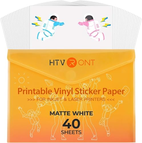 HTVRONT Stickerpapier, 21,6 x 27,9 cm, 40 Blatt, bedruckbares matt Weiß | Schnell trocknend, wasserfest, starke Haftung, einfach & abziehbar, anti-curl, staufrei, für Tintenstrahldrucker,140 g/m²