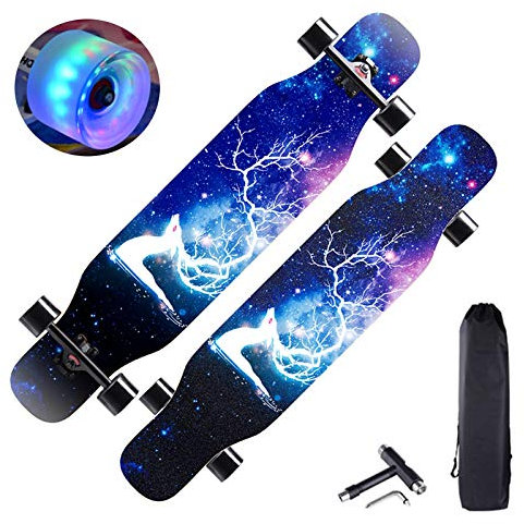 43 Longboard Skateboard Double Kick Concave Deck Skateboard, 7 Kanadische Schichten Ahornholz Tanzbrett mit LED PU Rädern für Kinder Teenager & Erwachsene Anfänger,Elk, HSGAV