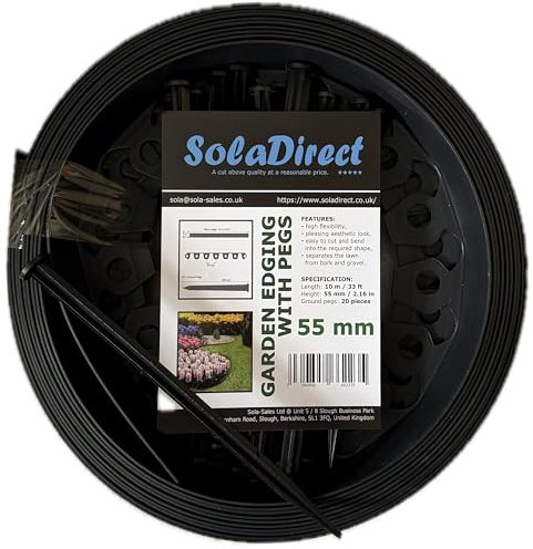 Grey Lawn Edging Border - 10 m / 33 ft Long Flexible Plastic Garden Edging & 20 Securing Pegs - Easy to Cut and Shape - Perfect for Flower Beds, Lawn, Pavement (55 mm High)