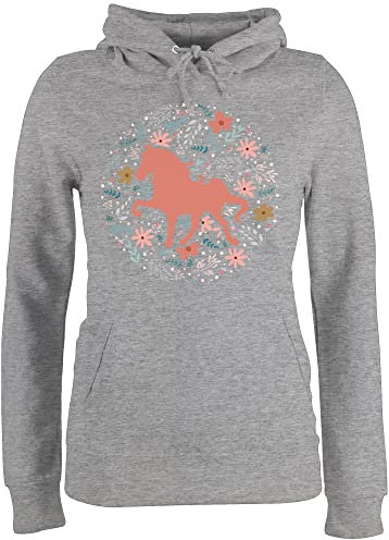 Shirtracer Pullover Damen Hoodie Frauen - Pferde - Pferd mit Blumen - XS - Grau meliert - Pferde+Pullover+Damen reitoberteil pferdeliebhaber blumem Pulli pferdepulloverdamen reiten pferdchen