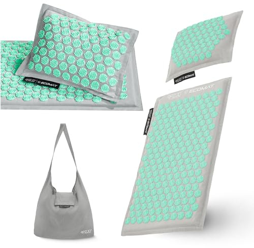 4FIZJO Akupressurmatte & Kissen ECO, 68x42x2 cm, mit Tragetasche, Umweltfreundliche Materialien, 6750 Stacheln, Massagematte für bessere Durchblutung, Muskeln Entspannung, Farbe: Grau und Grün