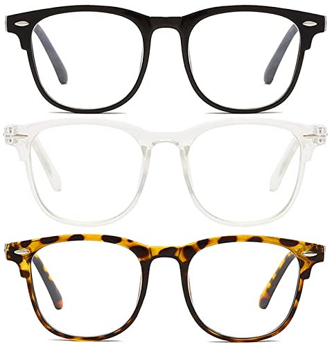 Voolga Blaulichtfilter Brille mit Klassisch Rahmen, Wert Hochwertige Rechteckig Brille Ohne Stärke Damen und Herren, Fake Brille für Anti Blaulicht von Computer (Schwarz+Transparent+Schildpatt)