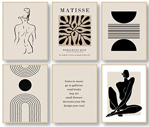 KBKBART Stampe artistiche da parete a tema astratto Matisse, poster di galleria e mostre, nero e beige, stampa artistica da parete con foglie e linee, per soggiorno, 20,3 x 25,4 cm, senza cornice