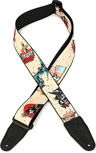 Levy's Leathers Unisex-Gitarrengurt, 5,1 cm, schwarze Lederenden, verstellbar von 88,9 cm bis 60, Old School Tattoo Flash-Design, Einheitsgröße