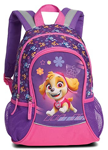 Paw Patrol Kinder Jungen Mädchen Rucksack Kinderrucksack mit tollem Skye Motiv (665) mit Hauptfach und Nebenfach Getränkenetz, 35 x 27 x 15 cm, lila/rosa
