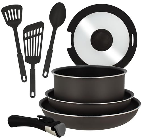 MENASTYL - Set de 8 pièces IRIS - 1 casserole 20cm + 2 poêles 24/28cm + 1 couvercle 20cm + 1 poignée amovible + 1 cuillère + 2 spatules ajourées - Compatible tous feux dont induction - 6020450