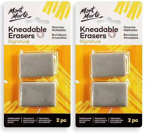 Mont Marte Gommes pétrissables Signature 2pc 2Pack, créer un highlighter, effacer ou éclaircir les dessins au fusain, au pastel, au crayon, à la craie, idéal pour le dessin ou le croquis