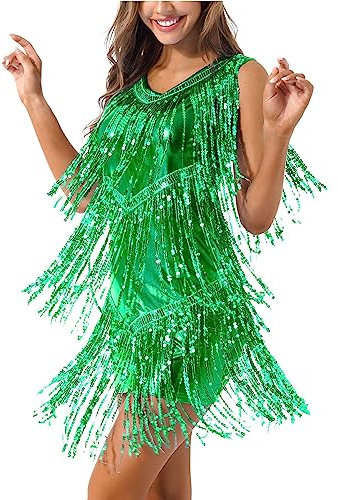 CHICTRY Women's Sequins Tassel Dance Dress Flapper Fringed Latin Salsa Ballroom Dance Costume Green Sequins XL