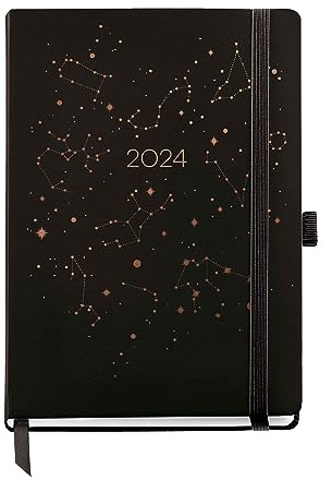 Miquelrius - Jahreskalender 2024, Tagesansicht, Größe Journal 122 x 168 mm, fester Einband, genäht, Gummiverschluss, Spanisch, Englisch und Portugiesisch, Konstellation mit Kupferstempel