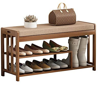 Étagères à Chaussures Organisateur de étagère à Chaussures à 2 Niveaux, Banc de Tabouret à Langer en Bambou avec siège rembourré en Mousse, étagère à Chaussures pour Couloir, Organisateur d