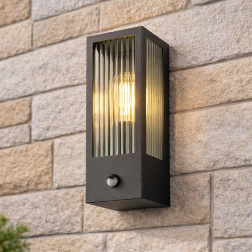 CGC Lighting Applique murale d'extérieur Éclairage E27 noire en verre biseauté avec capteur de mouvement PIR