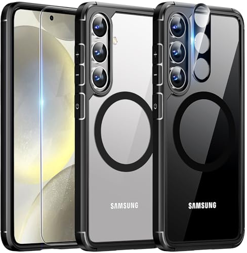 TAURI 5 i 1 för Samsung Galaxy S24 Skal 6,2-Tum med 2 Pack Härdat Glas Skärmskydd och Kameralinsskydd, Kompatibelt med MagSafe, Militär kvalitet, [Icke-Gulning] Magnetisk Mobilskal Case - Svart