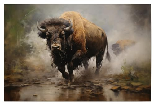 artboxONE Poster 90x60 cm Natur Bison am Fluss hochwertiger Design Kunstdruck - Bild Tier büffel gemälde