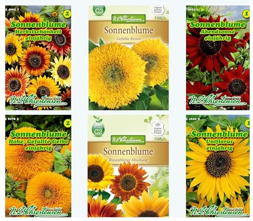 Sonnenblumensamen 6-Sorten-Set - Herbstschönheit, Gefüllte Riesen, Abendsonne, Hohe gefüllte Gelbe, Riesenblütige, Uniflorus - Ideal für Anzuchtsets und Blumengeschenke, Garten- und Balkonpflanzen