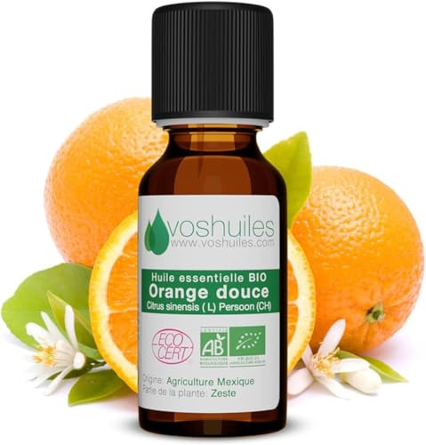 VOSHUILES - Huile Essentielle BIO Fruité et Frais 250ml - 100% Pure et Naturelle - HEBBD et ECOCERT - Parfum d'Orange Douce - Nombreuses Vertus et Applications
