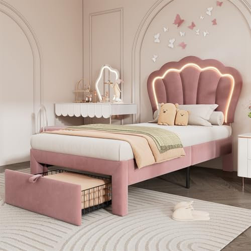 Modernes Kinderbett Einzelbett Mit Led licht Und Schublade Massivholzbett Mit Verstellbarem Kopfteil Und Verstärkten Stützbeinen (matratze Nicht Im Lieferumfang Enthalten)(Size:90×200cm,Color:rose)