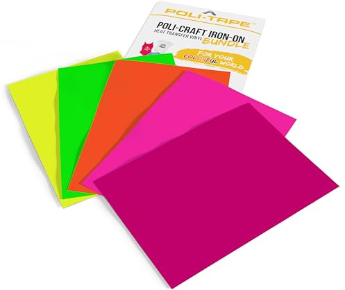 POLI-CRAFT Iron-On Bundle - 5 x POLI-FLEX® TURBO® Turboschnelle Transferfolie für Textilien, Neon (Gelb, Grün, Dark Pink, Pink, Orange), 5 x A4 (21 cm x 29,7 cm)