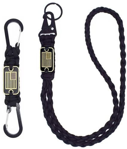 cibtdtl Strapazierfähiges Paracord-Schlüsselband, geflochtene Fallschirmseil-Halskette mit USA-Flagge, Schlüsselband für Outdoor-Aktivitäten, Schwarzes Umhängeband, Long1 + Short2