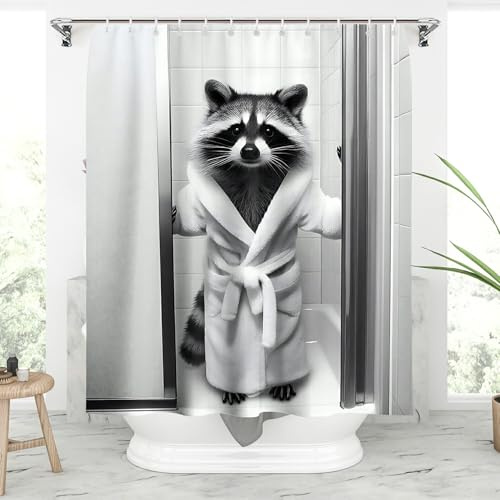 Fuchart Lustiger Waschbär-Duschvorhang, grauer Tier-Duschvorhang, niedlicher Waschbär im Toilette, wasserdichter Stoff, 12 Haken, Badezimmer, dekorativ, 180 x 180