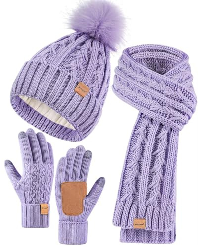 Damen-Beanie-Mütze, Schal, Handschuhe, Set, Fleece-gefütterte Wintermütze mit Bommel, langer Strickschal, Touchscreen-Handschuhe für kaltes Wetter, Violett, Einheitsgröße