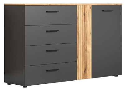 Kommode Esteban Anthrazit · B 139 x H 86 cm | B 139 x H 86 x T 38 cm · Vollauszug · 2 Türen, 4 Schubladen, 1 Einlegeboden