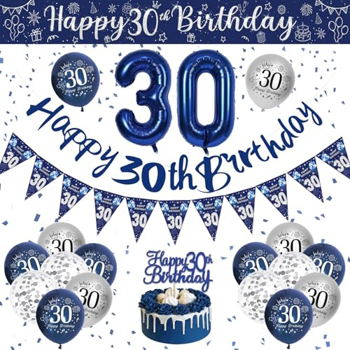 Geburtstag Deko Männer Blau Silber Luftballons, Party Deko 30 Jahre Mann mit Happy Birthday Girlande Konfetti Ballons Dekoration