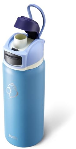 BUZIO 32 oz Insulated Stainless Steel Water Bottle, Triple Wall Water Bottle with Chug Spout and Leakproof Locking Lid for Gym Sports School Work, Dishwasher Safe, Keep Cold 48H, Haze Blue