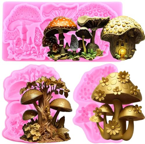 RFGHAC Enchanted Vintage Fairy Garden Fairy Gnome Mushroom House Silicone Fondant Mould Mushroom Chocolate Moulds for Cake Decorating Gum Paste Candy Polymer Clay Set of 3