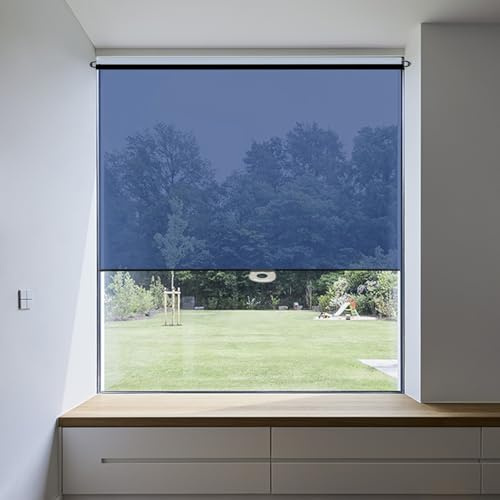 One-Way Mirror Spring-Loaded Roller Shade Cordless PET Privacy Blind with Soft Light Filter Protects Furniture from Sun Damage for Study Room, Office & Living Room(Blue,54''W x 79''H)