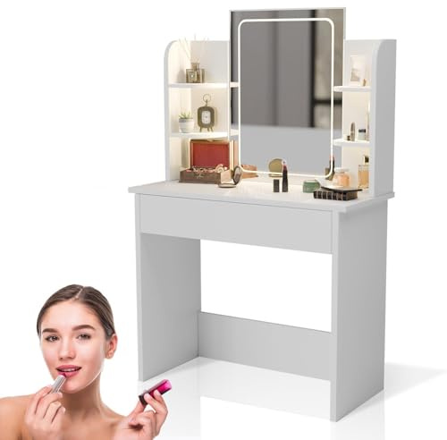 Juskys® Schminktisch Zoey mit LED-Spiegel, großer Touch-LED-Spiegel mit Rahmen, Schublade & Regal, viel Stauraum, pflegeleicht & modern — Weiß